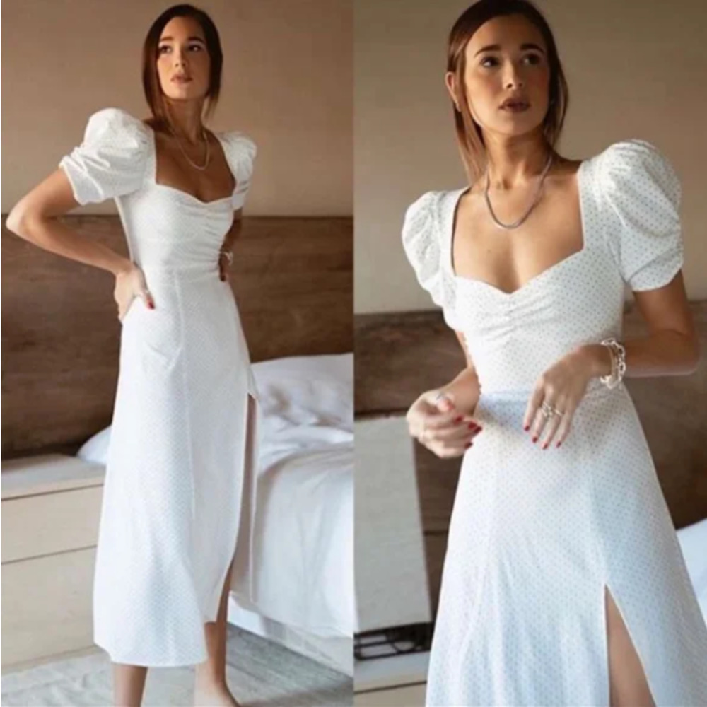 Danielle Bernstein Polka Dot Dress Womens 10 White Black Puff Sleeves Slip Dress